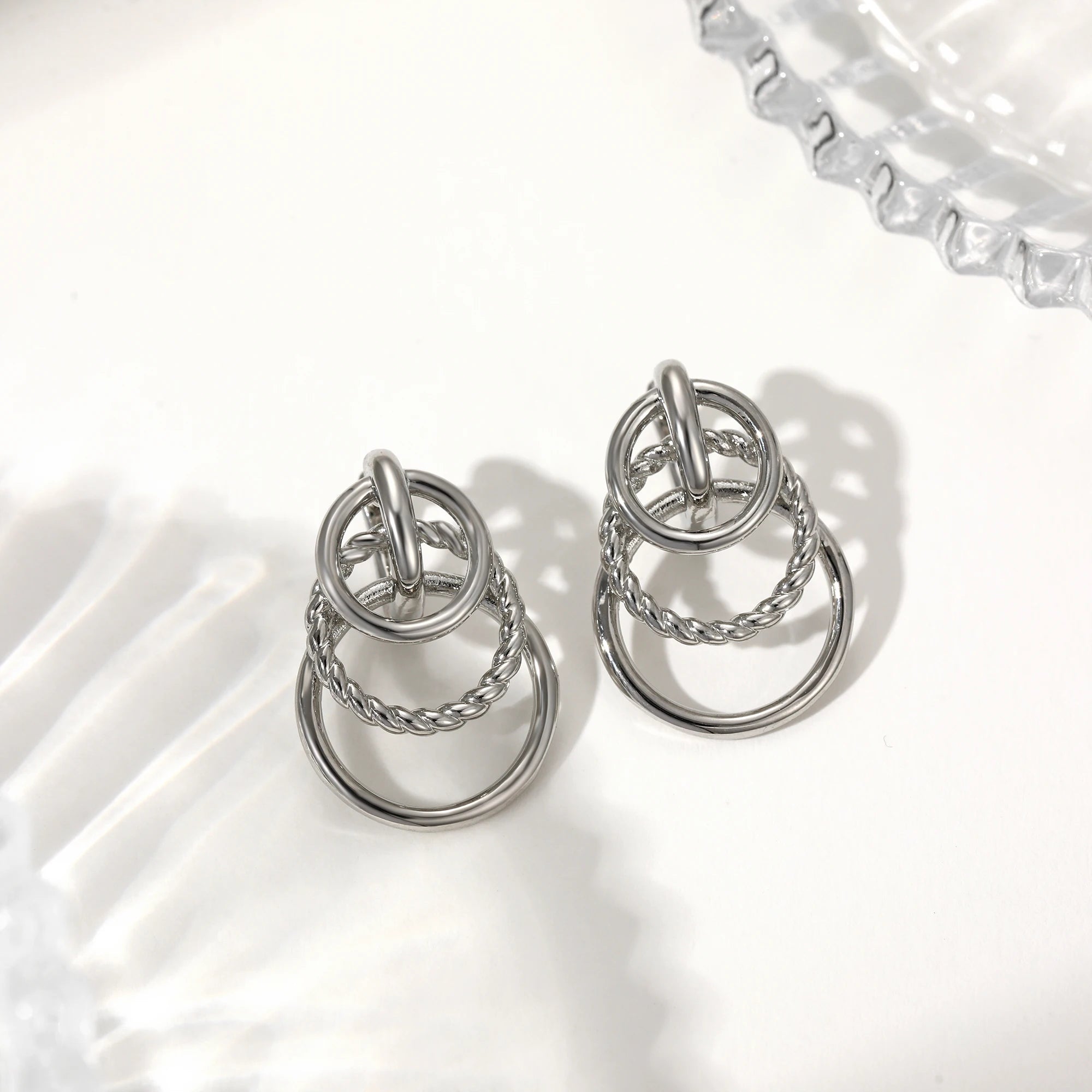 Fashionable Exaggerated Twisted Striped Earrings for Women 18K Metal Three Circular Stainless Steel Charming Jewelry Gift