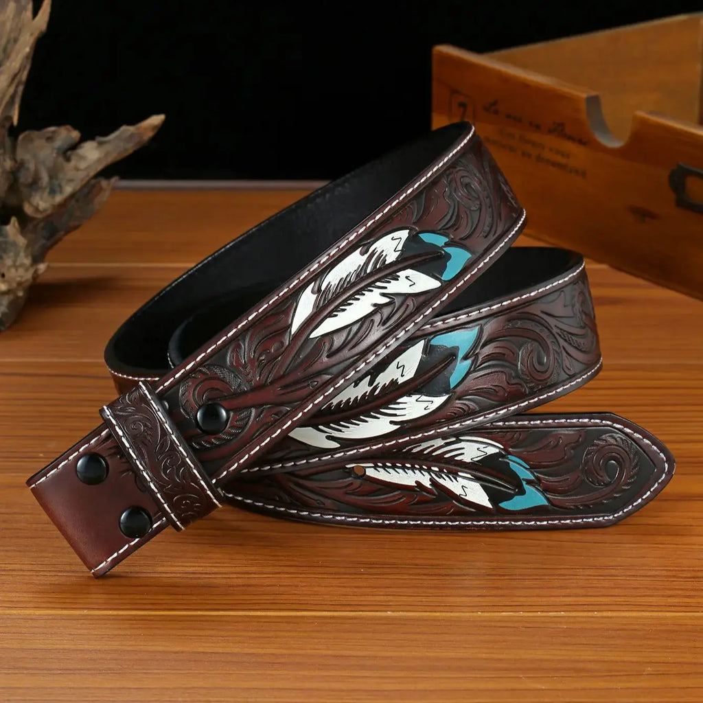Genuine Leather Embossed Belts for Men&Women Cowboy punk wind pressure flower feather retro same style For 4CM Wide
