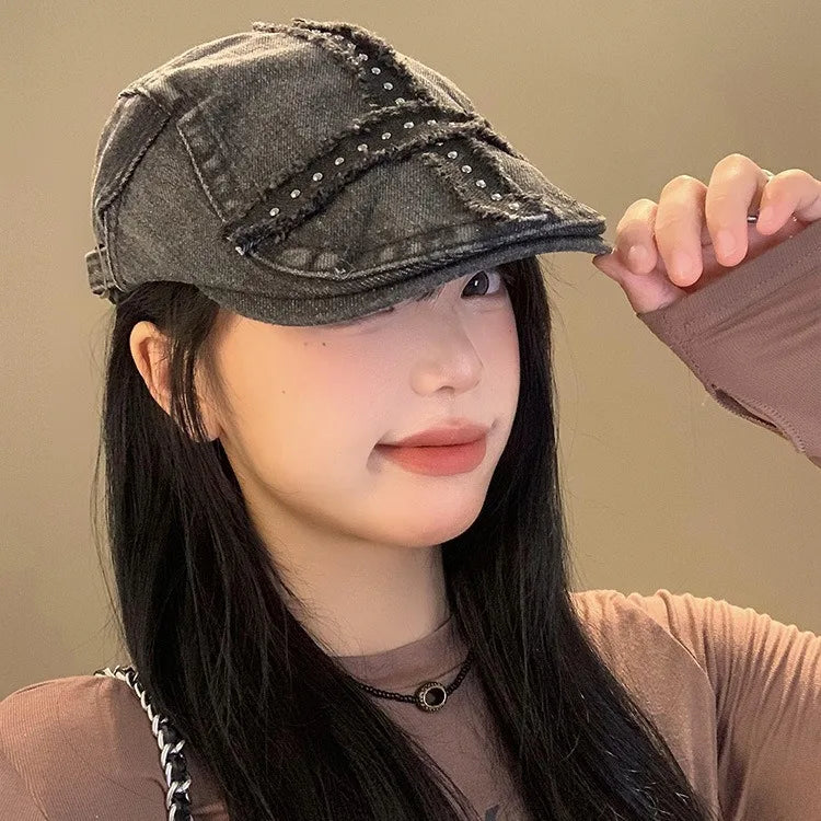 Girl's Blalck Hats Large Cap Retro Black Denim Riveted Washed Aged Beret American Hat Trend  Chapeau Vintage Hot Girl Y2k Hats