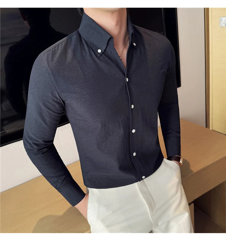 Long Sleeves Shirts for Men Light Thin Fashion Fold Process Wine Red Solid Casual Shirt Men Social Dress Shirt Slim Fit Tuxedo