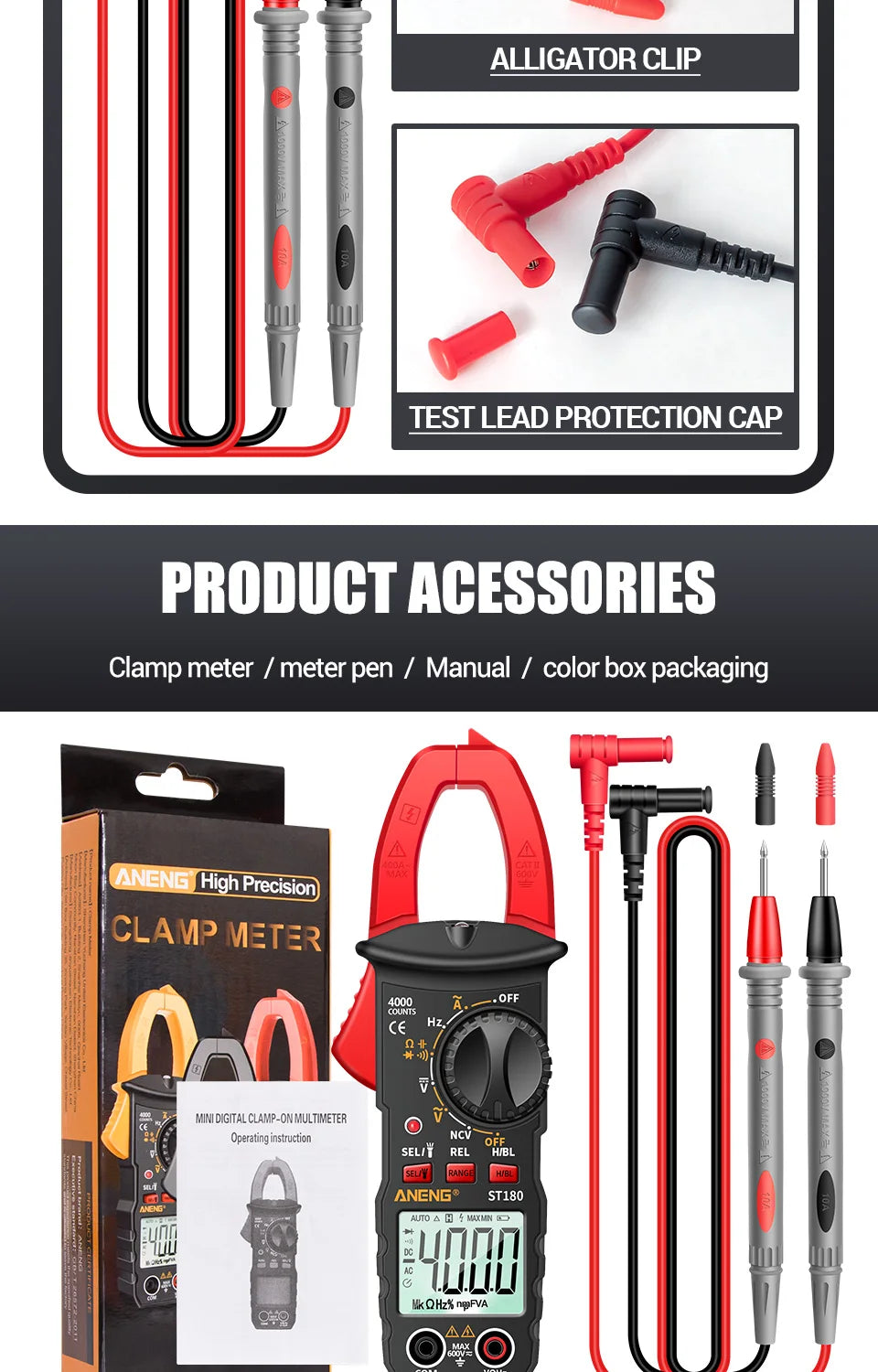 ANENG ST180 AC Current Clamp Meter  Digital 4000 Counts Multimeter Ammeter Voltage Tester Car Amp Hz Capacitance NCV Ohm Tool