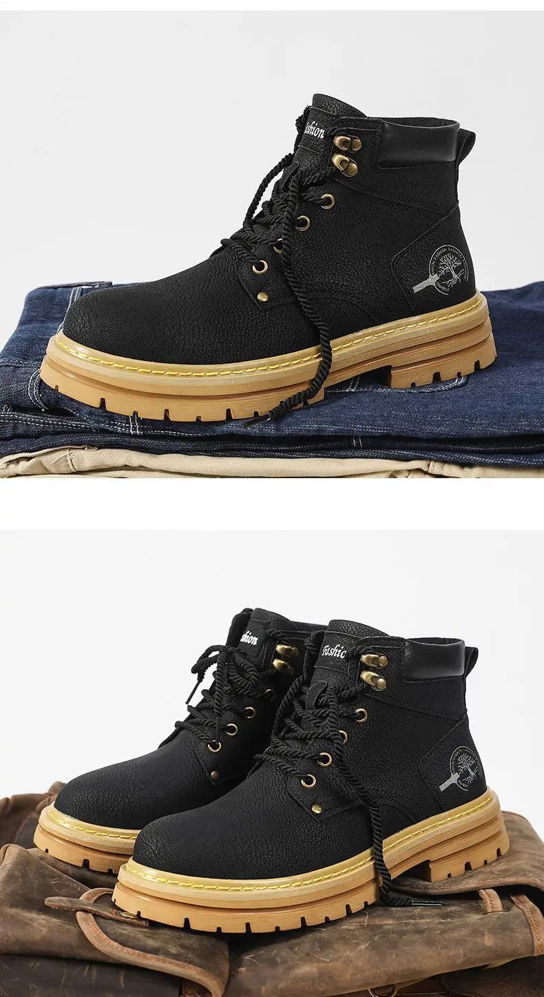 Fashion Men Boots Spring Comfortable Platform Leather Shoes Men Trend Brown Non-slip Work Boots for Men Casual Shoe Cowboy Boots