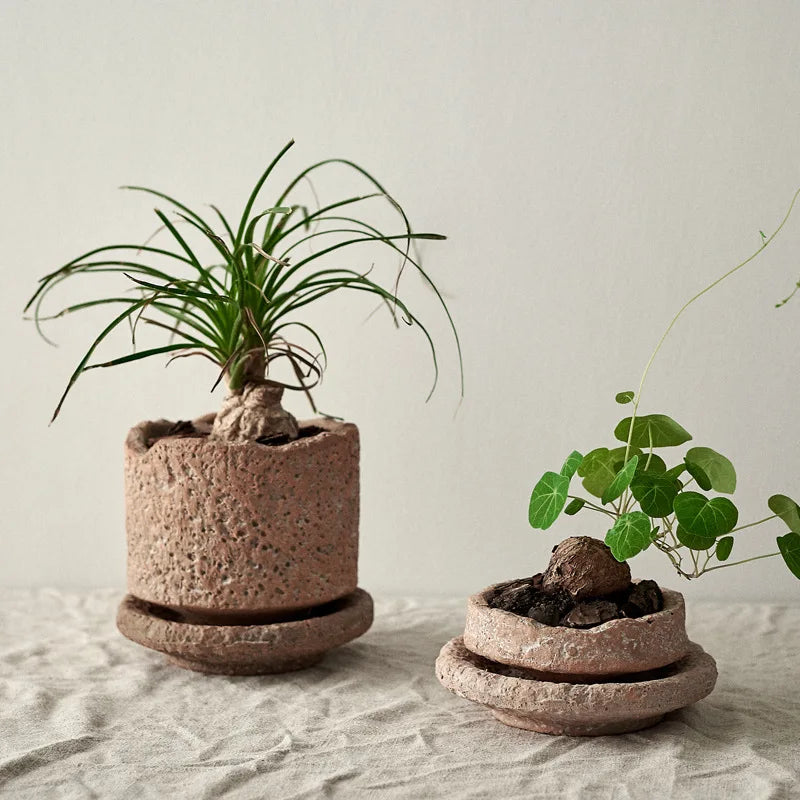 Retro Gardening Small Flowerpot Home Decoration Handmade Ceramic Terracotta Pot Hammered Basin with Tray Succulent Planting