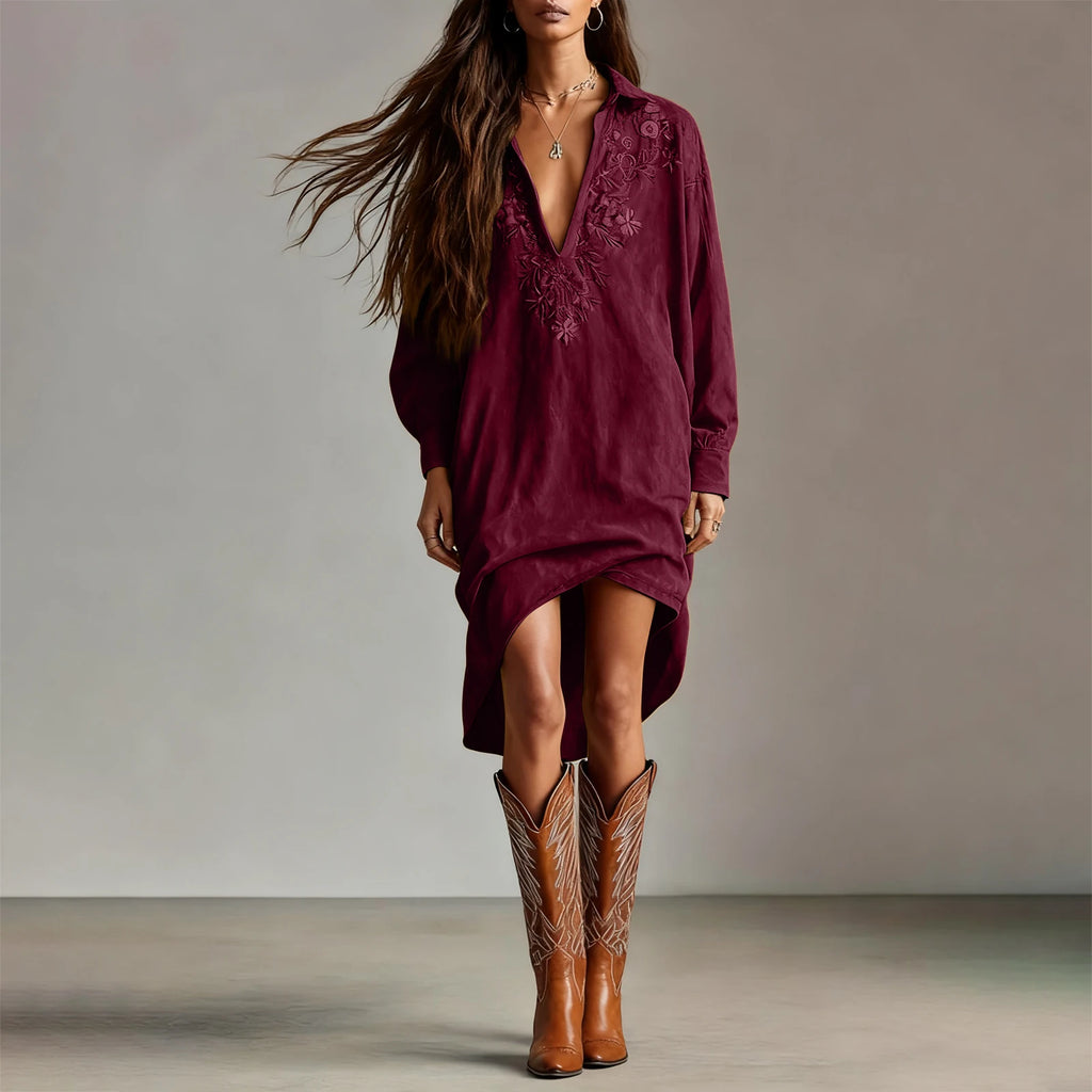 Dresses Womens Shirt Dress Terracotta Suede Embroidered High-Low Puff-Sleeve Bohemian Stylish Outfit Daily 2026 Trendy Vestido