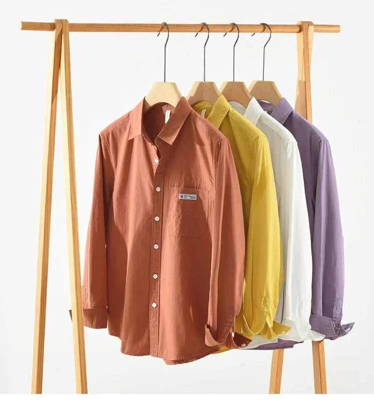 Japanese Fresh Mens Long Sleeve Shirts Spring Summer Daily Casual Man Shirts Lapel Pocket Yellow Shirt Pure Cotton Top Simple