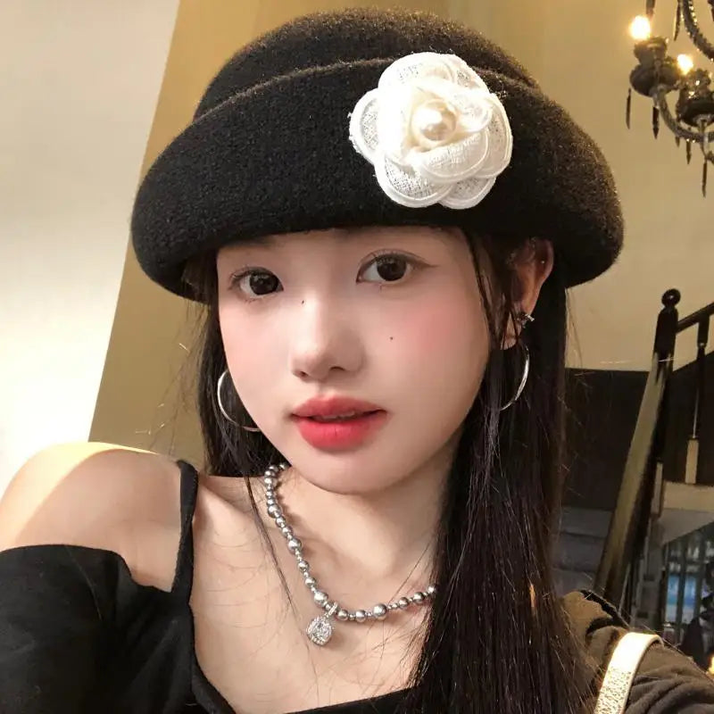 Distinctively Chic Retro Ruffled Camellia Heiress Hat for Women, French-Style Fishermen's Top Hat for Autumn & Winter