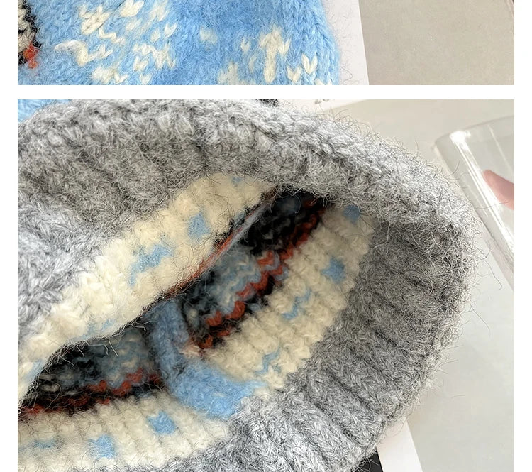 Cute Cartoon Jacquard Knitted Beanies for Women Winter Warm Ear Protection Versatile Show Face Small Retro Pom-pom Pullover Hat