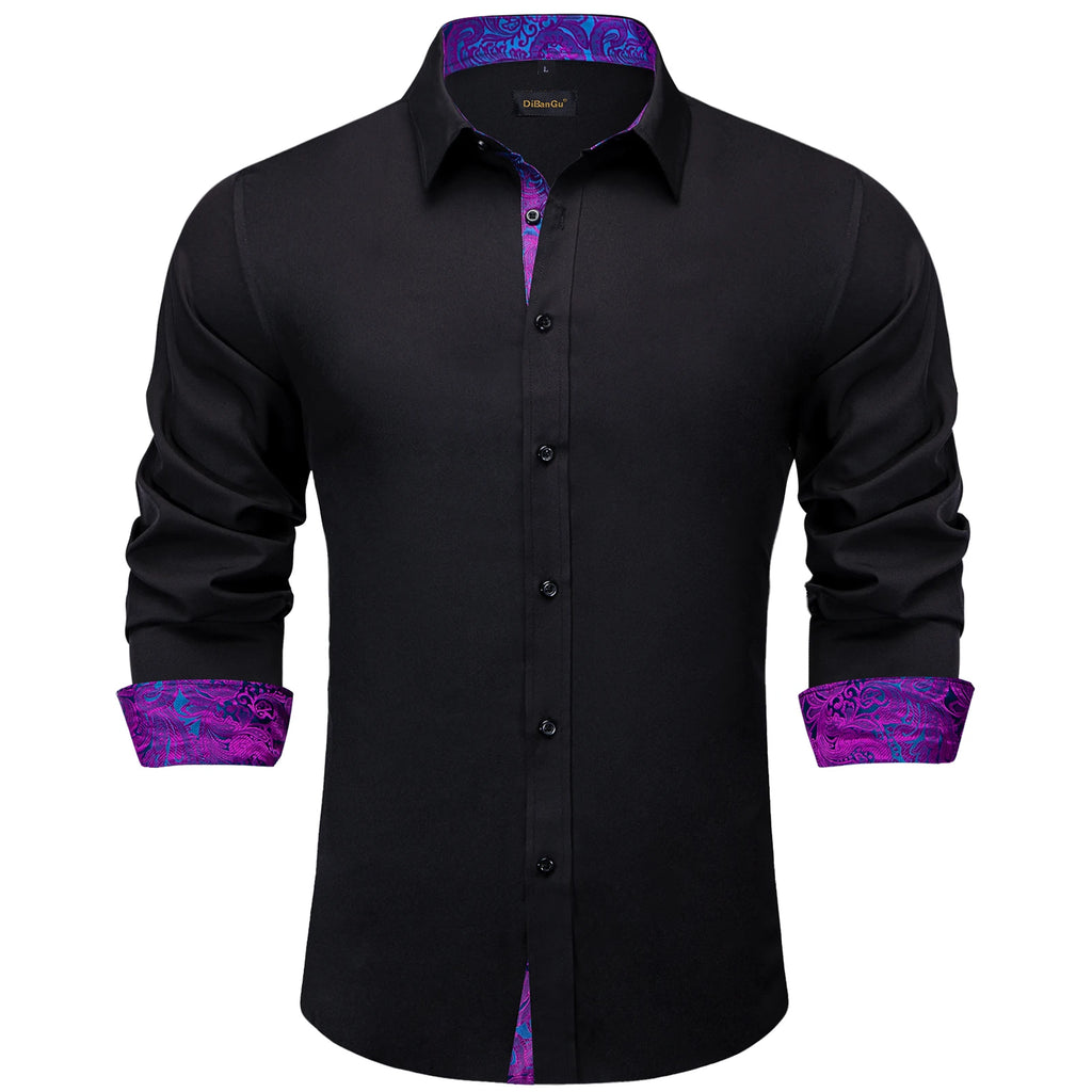 Men Shirts Long Sleeve Black Solid with Purple Contrast Color Collar and Cuff Fashion Casual Shirts Blouse for Wedding Praty