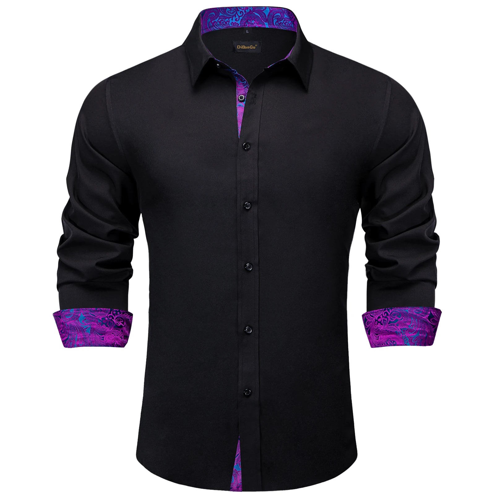 Men Shirts Long Sleeve Black Solid with Purple Contrast Color Collar and Cuff Fashion Casual Shirts Blouse for Wedding Praty