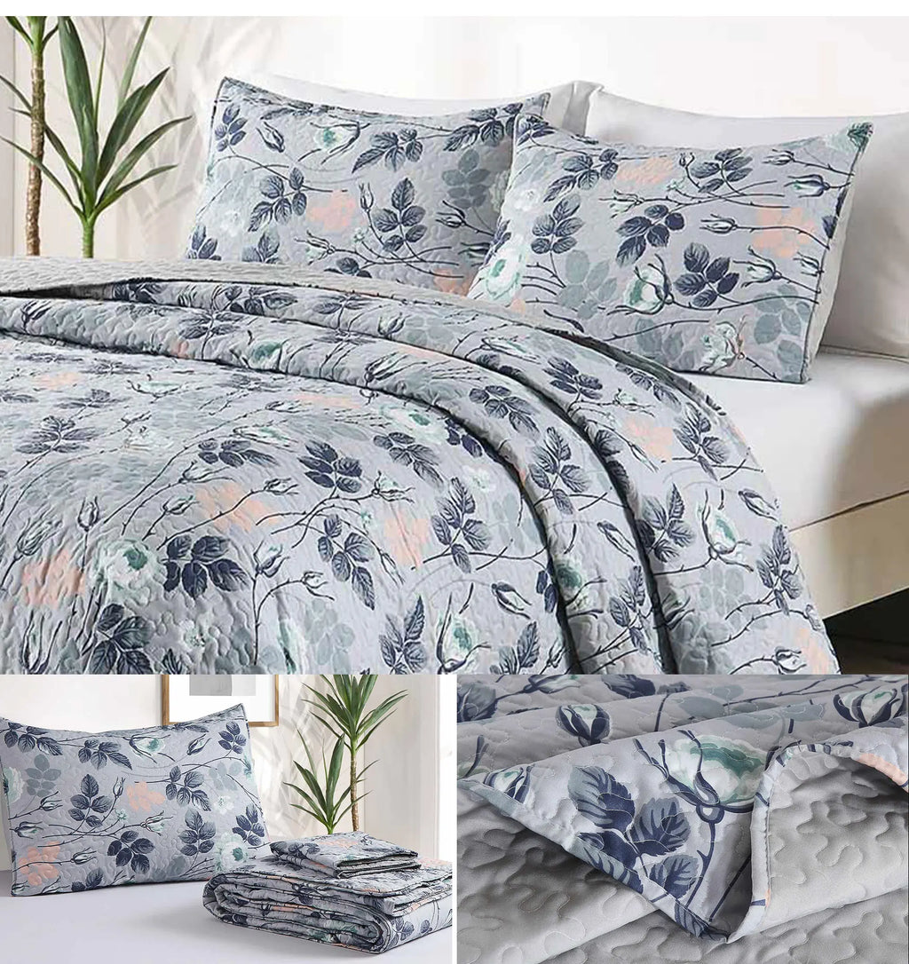 Texstead 3 Pieces Patchwork Gray All Season Bedspreads, Ultra Soft Floral Coverlet Bedding Set with Printed Pattern
