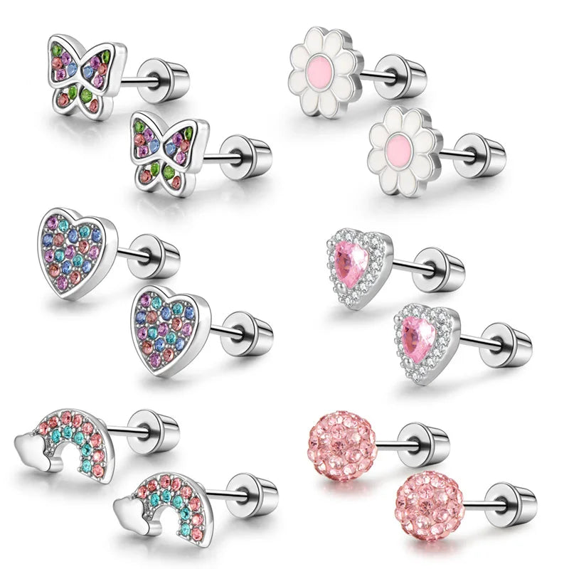 Six pairs of earrings, heart-shaped flowers, butterflies and rainbows, paired with shiny zircon stainless steel, are perfect for