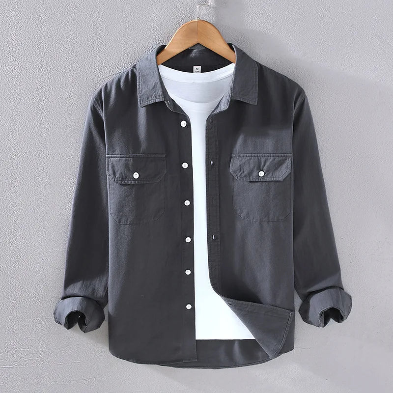American Style Cargo Shirt Men Spring Autumn Mens Long Sleeve Shirts Pockets Pure Cotton Casual Shirts Comfortable chemise homme