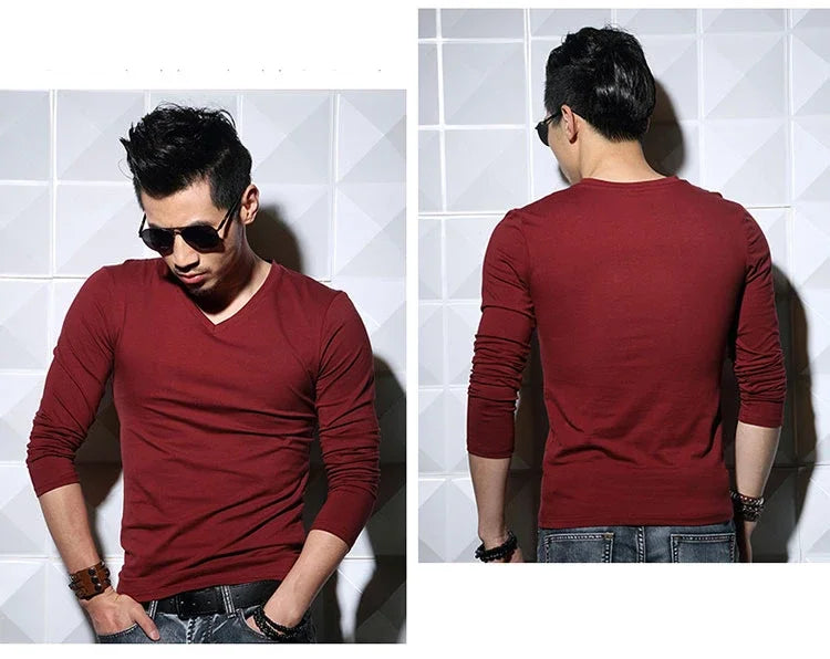 Men's T-Shirts Long Sleeve V Neck T Shirt 2025 MRMT Men Polyester T-Shirt Solid Color Slim Tight Man T Shirt For Male