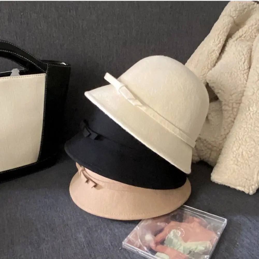 Vintage Hepburnesque Felt Formal Hat Panama Cap Wealthy Heiress Style Bowknot Bucket Hat British Style Ladies