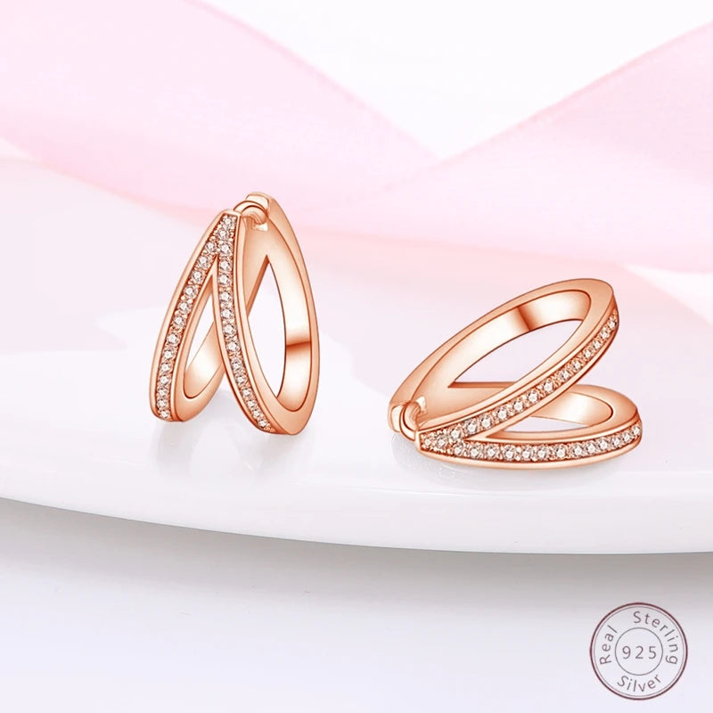 925 Sterling Silver Earrings Simple Twisted Round Rose Hoop Fashionable Zircon Ear Buckle Wedding Ladies Jewelry Gift