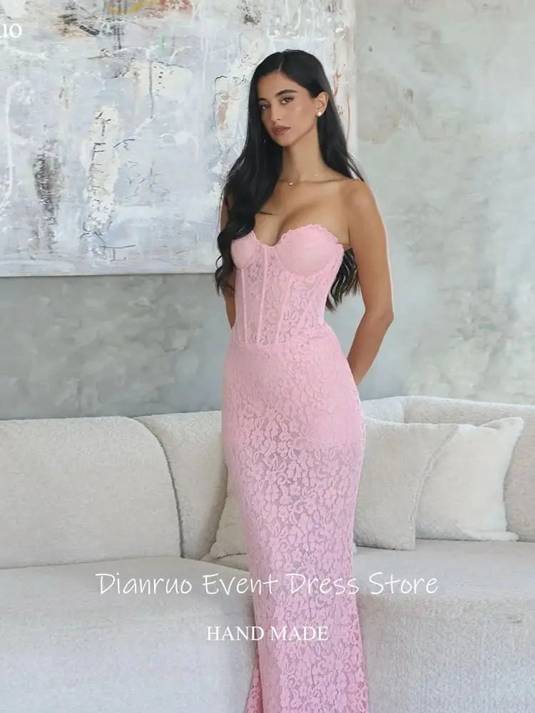 Dianruo Pink Lace Evening Dresses Sleeveless Mermaid Chic Vestido Festa Sweetheart Floor Length Vestidos Elegantes Customized