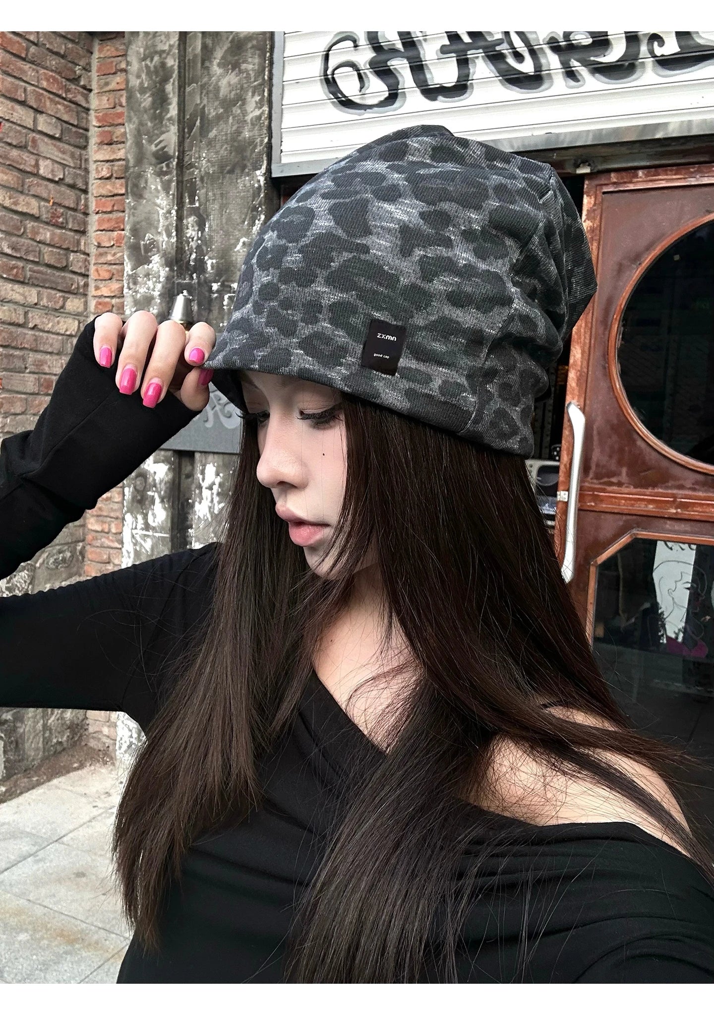 Y2K Retro Leopard Print Patch Beanies for Women Spring and Autumn Travel Casual Versatile Show Face Small Elegant Pullover Hat