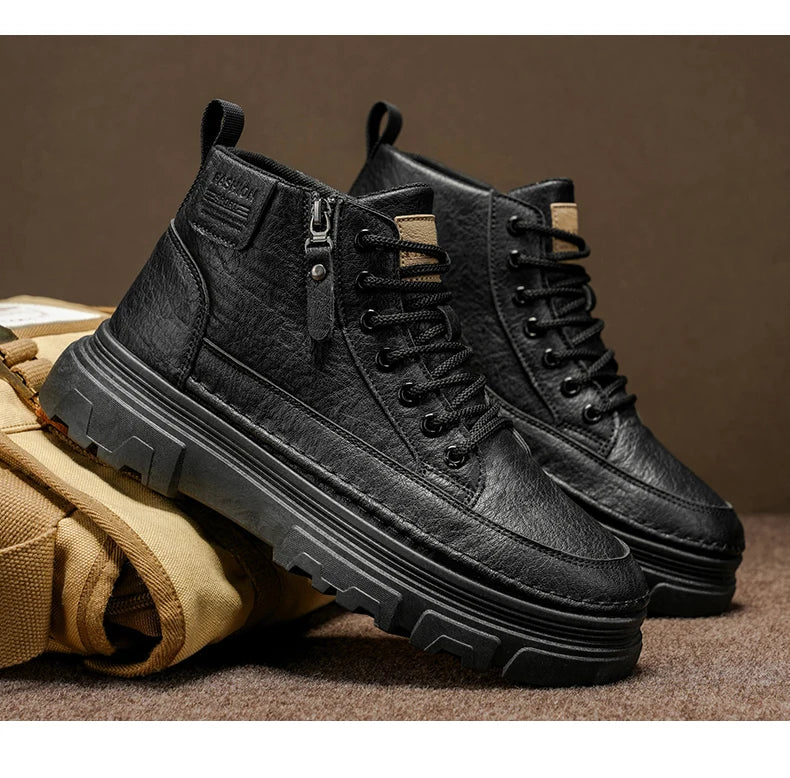 Men Boots Autumn Leather Waterproof Mid-top Sports Shoes New Fashion Ankle Boots Casual Outdoor Hiking Boots Shoes Male Sneakers