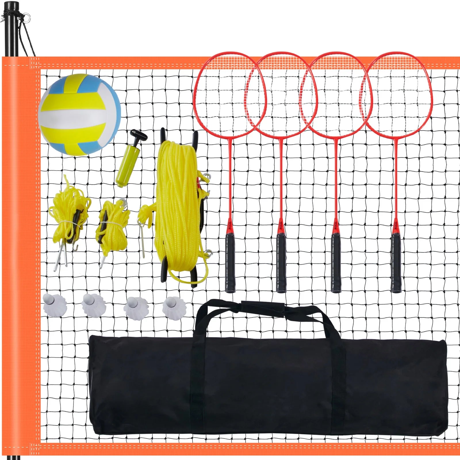 SucceBuy Outdoor Volleyball & Badminton Set Adjustable Steel Poles Professional Combo Set with Carrying Bag for Backyard Beach