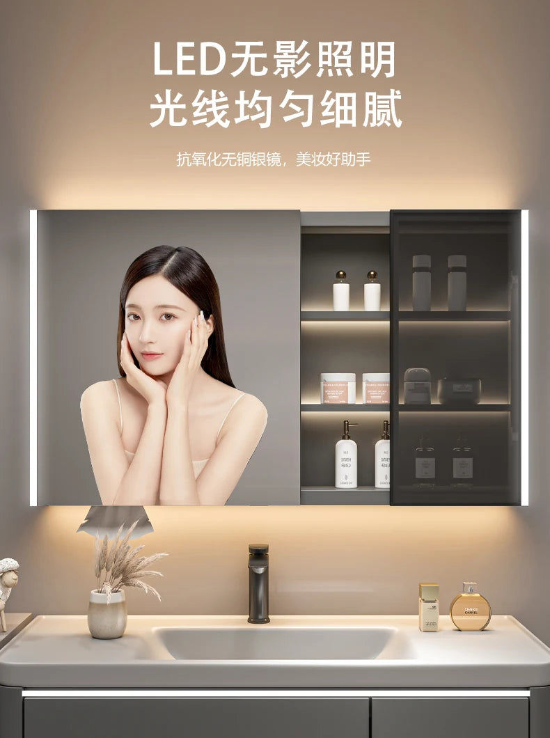 Bathroom Furniture Mirror Cabinet Modern Solid Wood Bathroom Smart with Light Defogging Beauty Mirror with Storage Locker