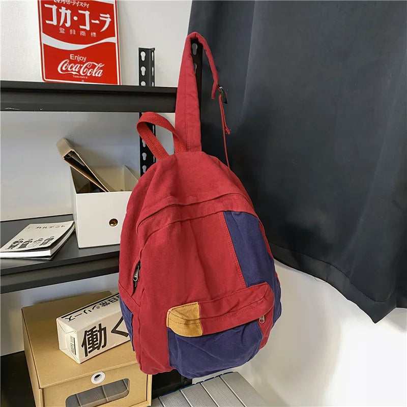 Fashion Panelled Women Backpack Canvas Kawaii Girl Travel Book Bags College Lady Laptop Backpacks Cute Travel Rucksack Schoolbag