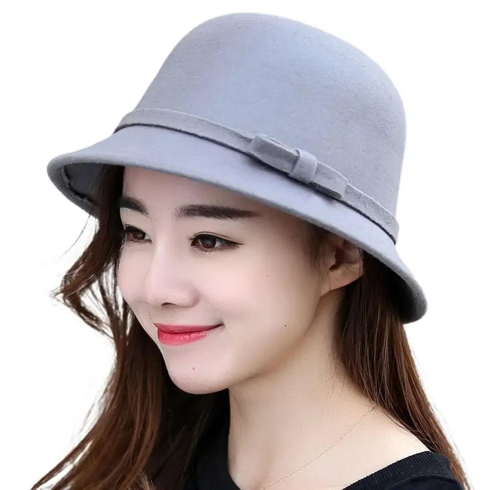Brim Bowler Fedora Hats Elegant Women Vintage Retro Hat Wool Felt Bucket Cap Church Bowler Cloche Hats Autumn Winter Warm Hat