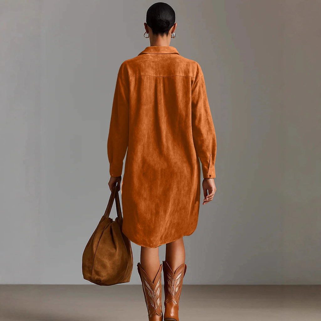 Dresses Womens Shirt Dress Terracotta Suede Embroidered High-Low Puff-Sleeve Bohemian Stylish Outfit Daily 2026 Trendy Vestido