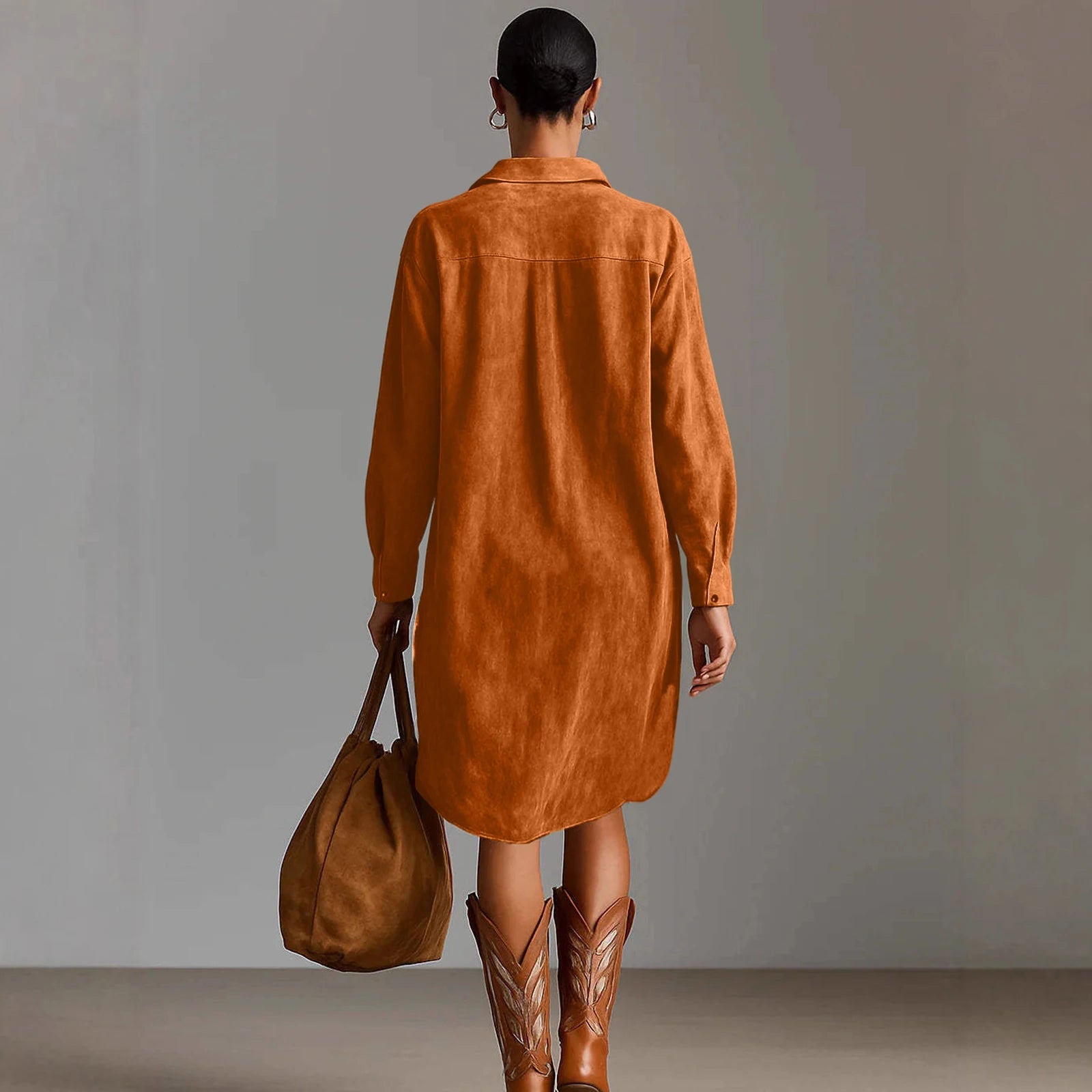 Dresses Womens Shirt Dress Terracotta Suede Embroidered High-Low Puff-Sleeve Bohemian Stylish Outfit Daily 2026 Trendy Vestido