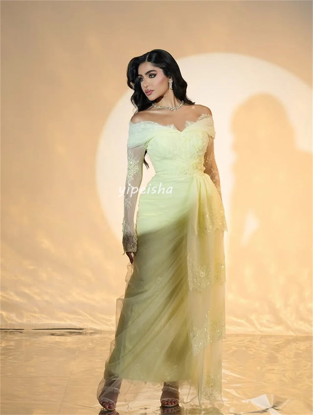 Customized Modern Style Intricate Lace Sequined Pleat Straight Off-the-shoulder Long Dresses Bespoke Occasion Dresses Fashion