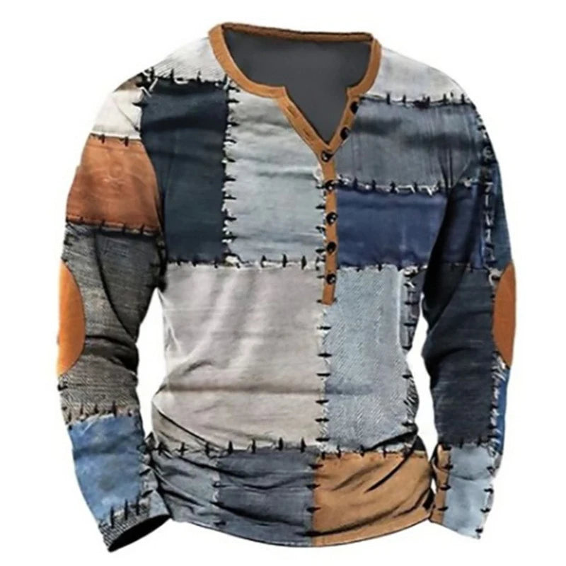 Men's Long Sleeve Casual T-Shirt with Fashionable Outdoor Comfort and Color Block Digital Print Design for Spring and Autumn