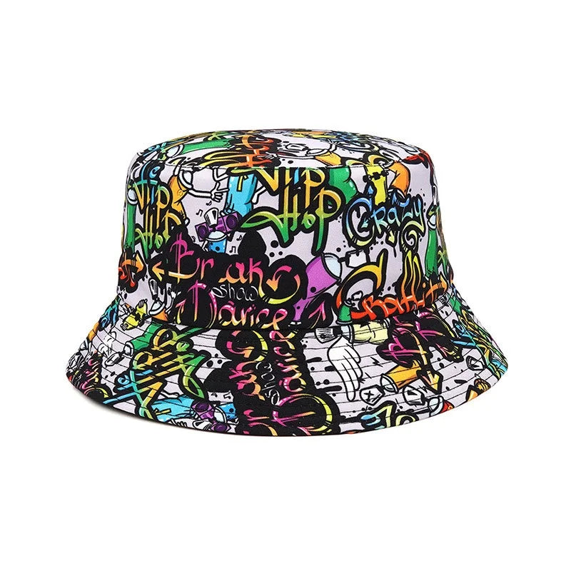 Double sided Outdoor Sun Hat Hip-Hop Cap Fishing Fisherman Graffiti Hat Men Women Animal Letter Print Panama Bucket Hats
