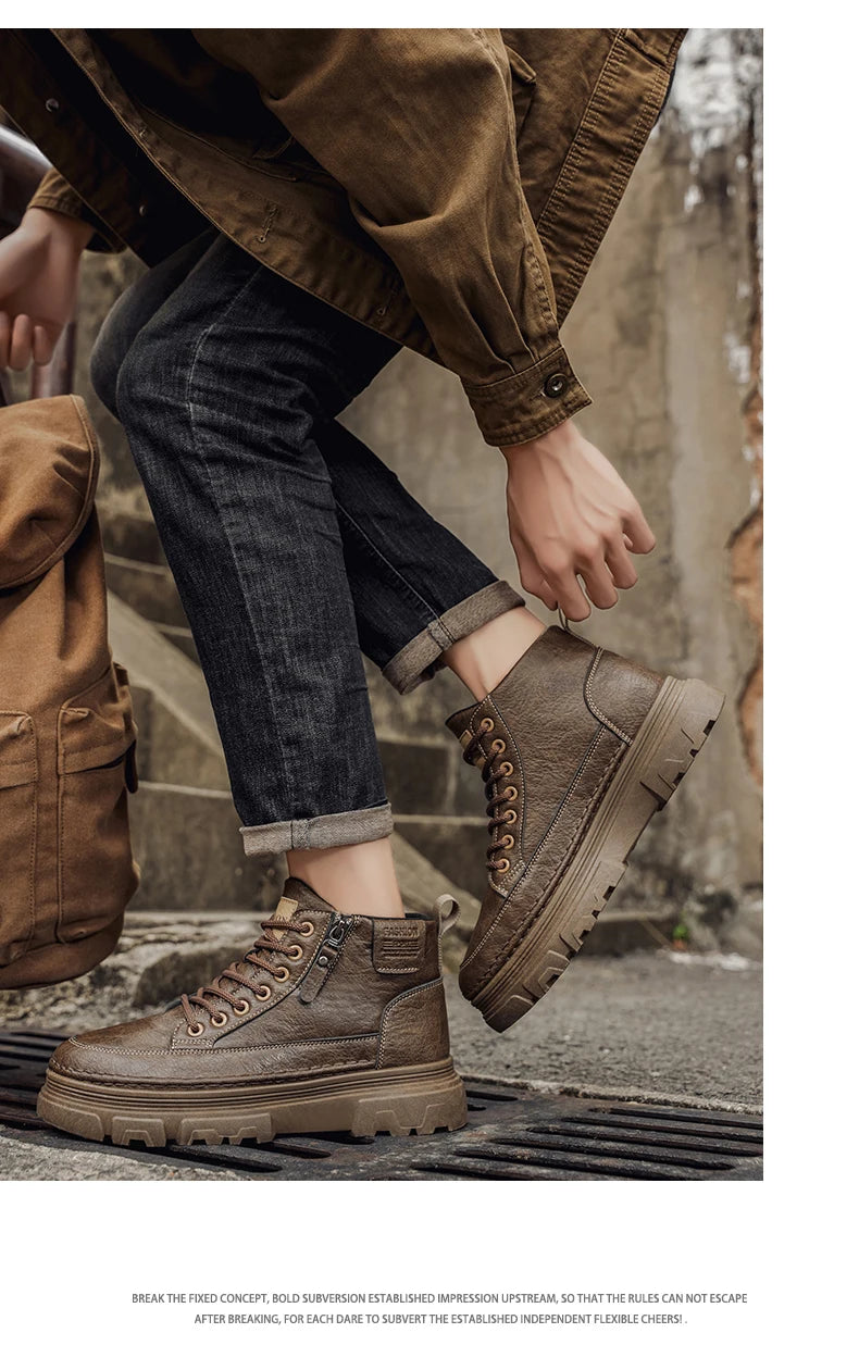 Men Boots Autumn Leather Waterproof Mid-top Sports Shoes New Fashion Ankle Boots Casual Outdoor Hiking Boots Shoes Male Sneakers