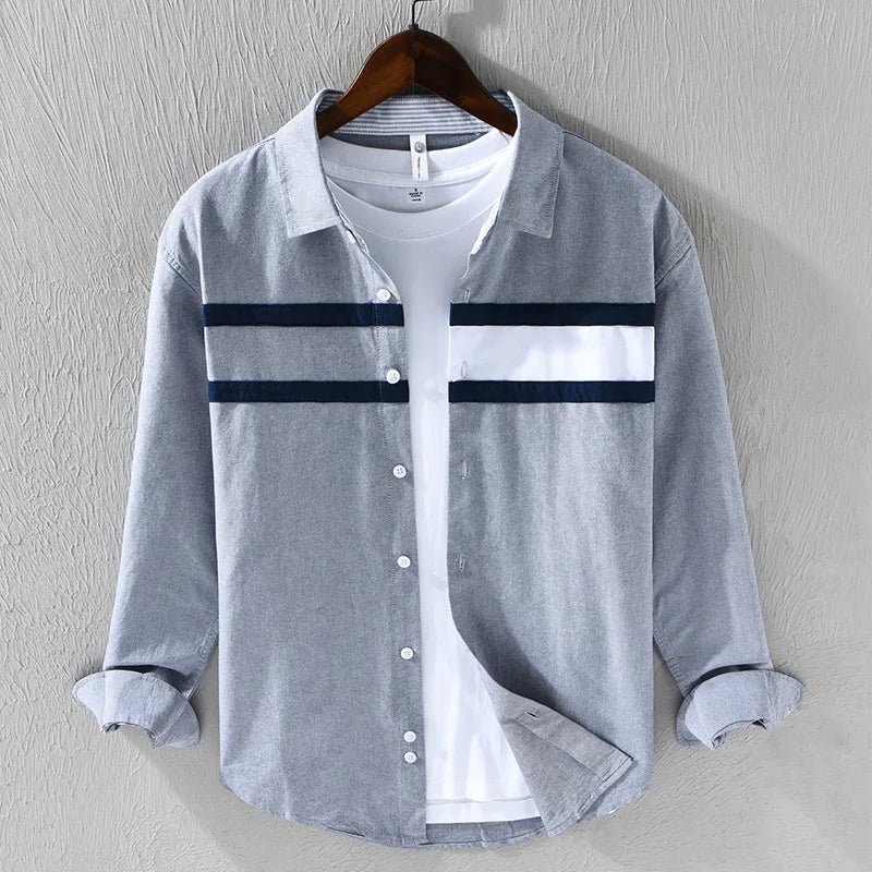 Japanese Fashion Mens Long Sleeve Shirts Spring Summer Daily Casual Pure Cotton Shirt Oxford Striped Patchwork Shirt Youth Tops