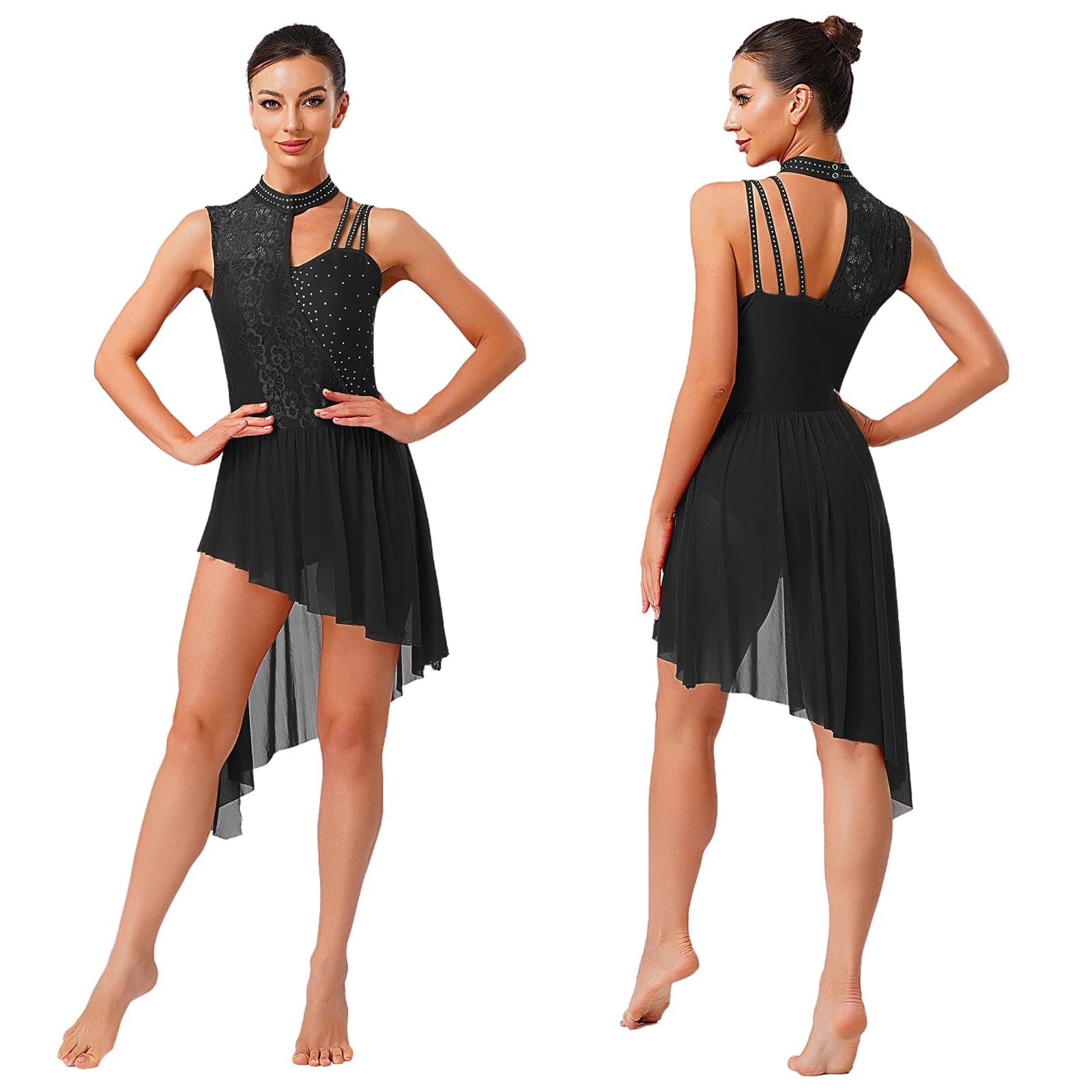 Women Modern Lyrical Dance Performance Costume Floral Lace Rhinestones Leotard Dress for Waltz Latin Cha-cha Ballet Skating