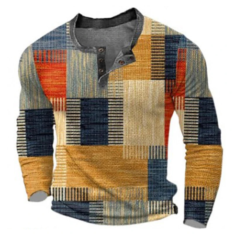 Men's Long Sleeve Casual T-Shirt with Fashionable Outdoor Comfort and Color Block Digital Print Design for Spring and Autumn