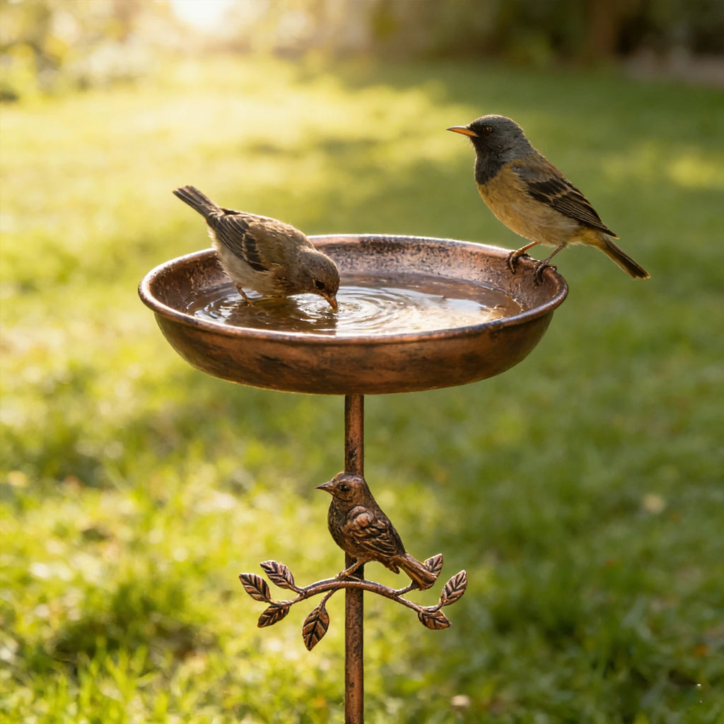 A wrought iron bird bath and feeder in one, featuring a rust-proof design and a stable 5-prong ground stake.  Perfect for garden