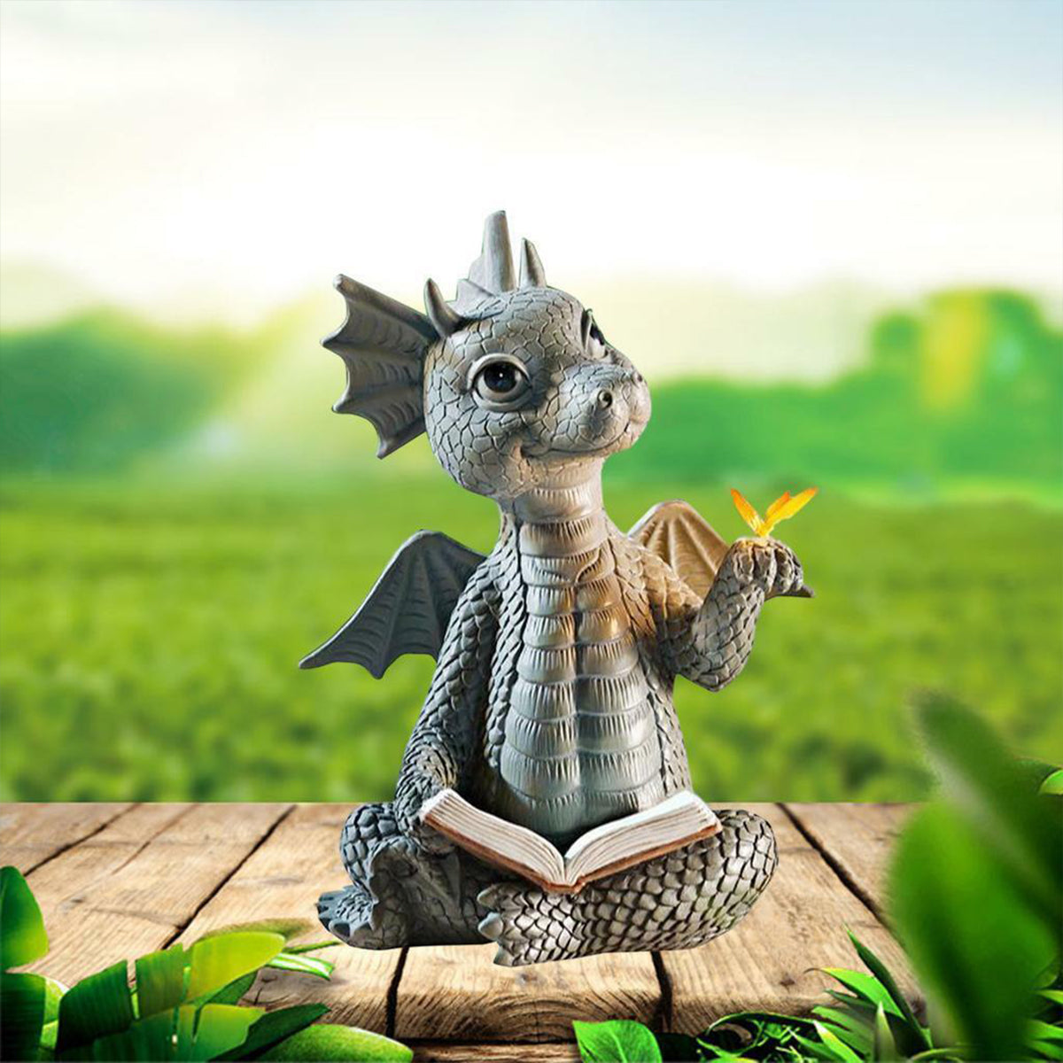 Garden Reading Book Little Dragon Sculpture Cute Dragon Statues Resin Dragon Sculptures Art Ornament for Lawn Yard Home Decor