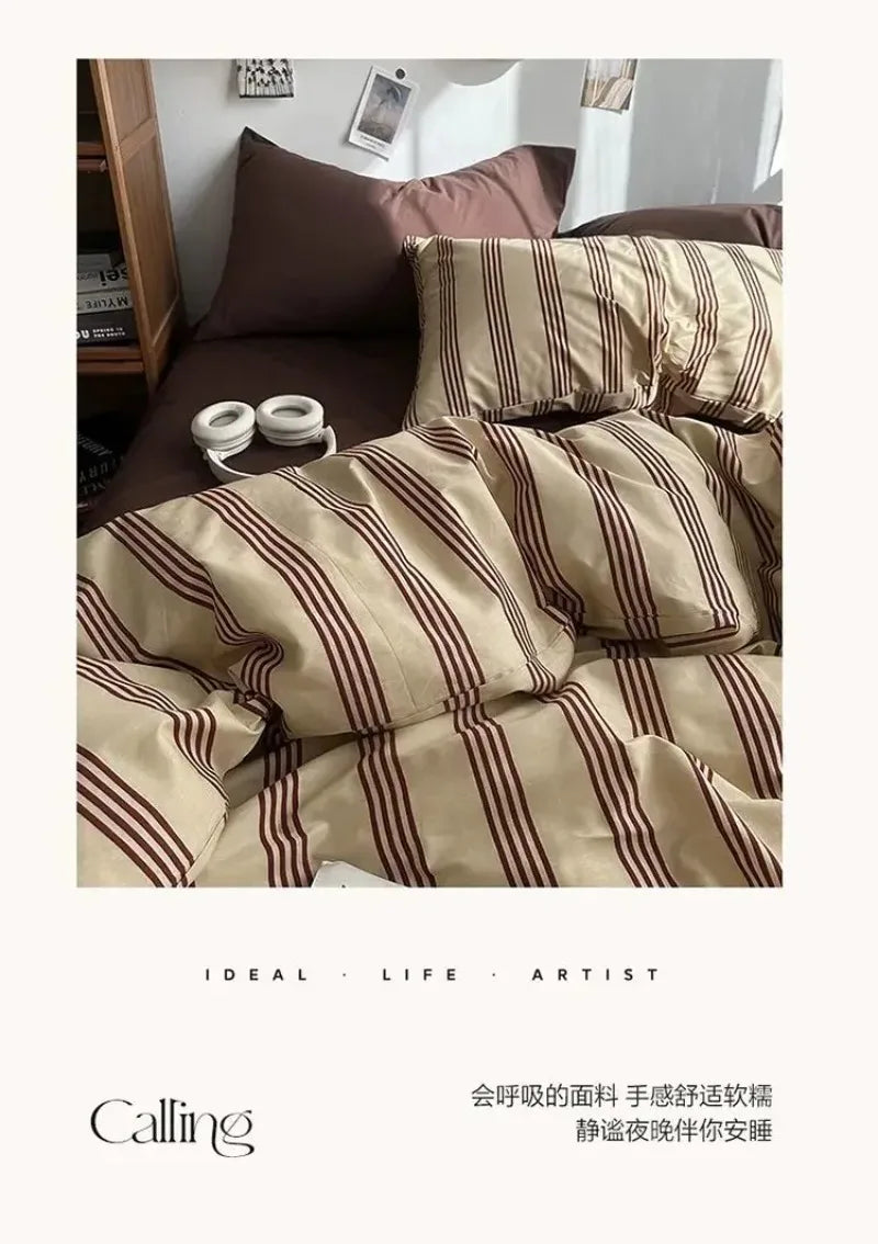 MissDeer Bedding Set Ins Ambiance Blue Coffee Grid Mixed With Washed Cotton Minimalist Four Piece Set Fitted Sheets Duvet Cover