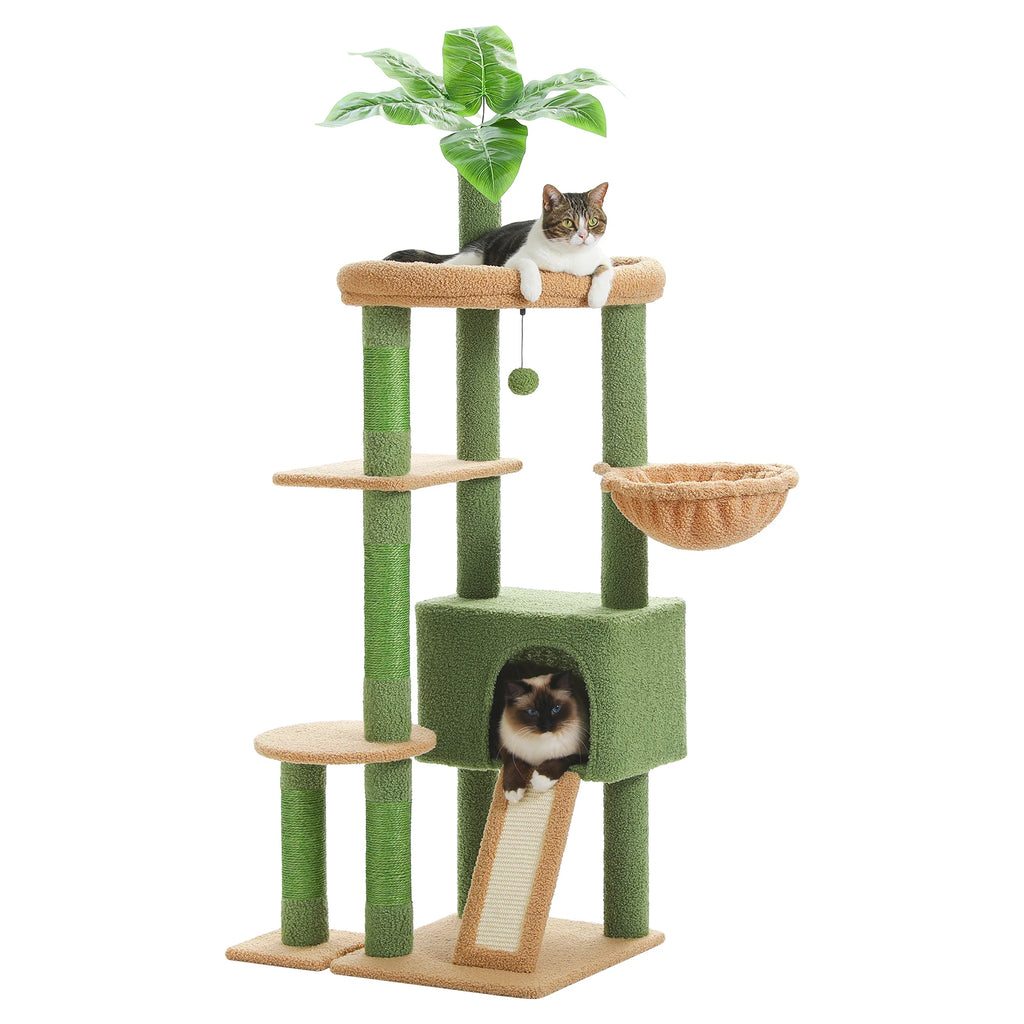 H135CM Cat Tree for Indoor with Sisal Scratching Posts Multi-Level Cat Tower with Spacious Condo Hammock Scraper for Kitten Toys