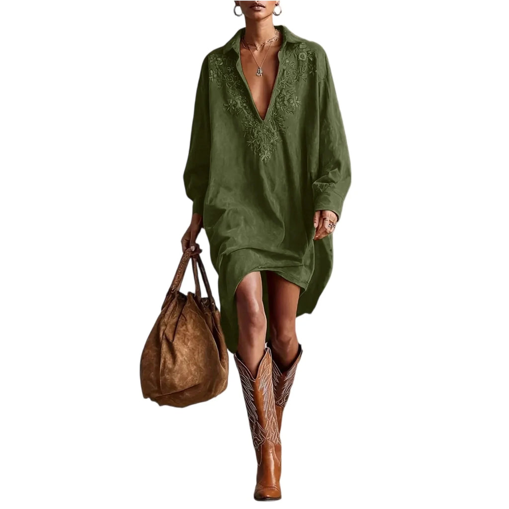 Dresses Womens Shirt Dress Terracotta Suede Embroidered High-Low Puff-Sleeve Bohemian Stylish Outfit Daily 2026 Trendy Vestido