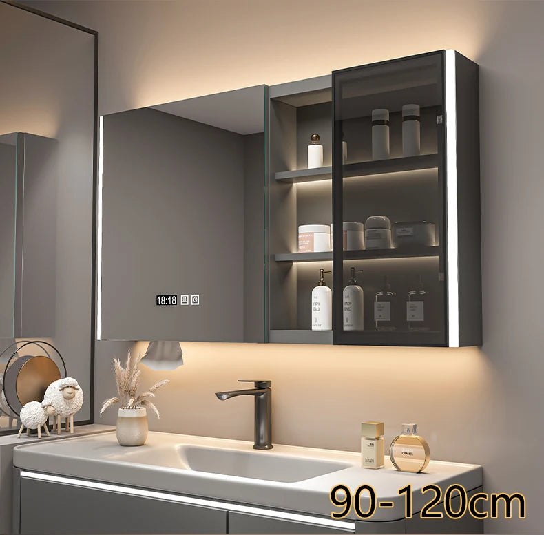 Bathroom Furniture Mirror Cabinet Modern Solid Wood Bathroom Smart with Light Defogging Beauty Mirror with Storage Locker