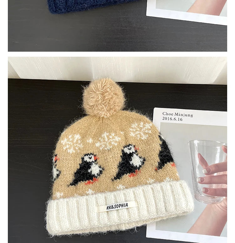 Cute Cartoon Jacquard Knitted Beanies for Women Winter Warm Ear Protection Versatile Show Face Small Retro Pom-pom Pullover Hat