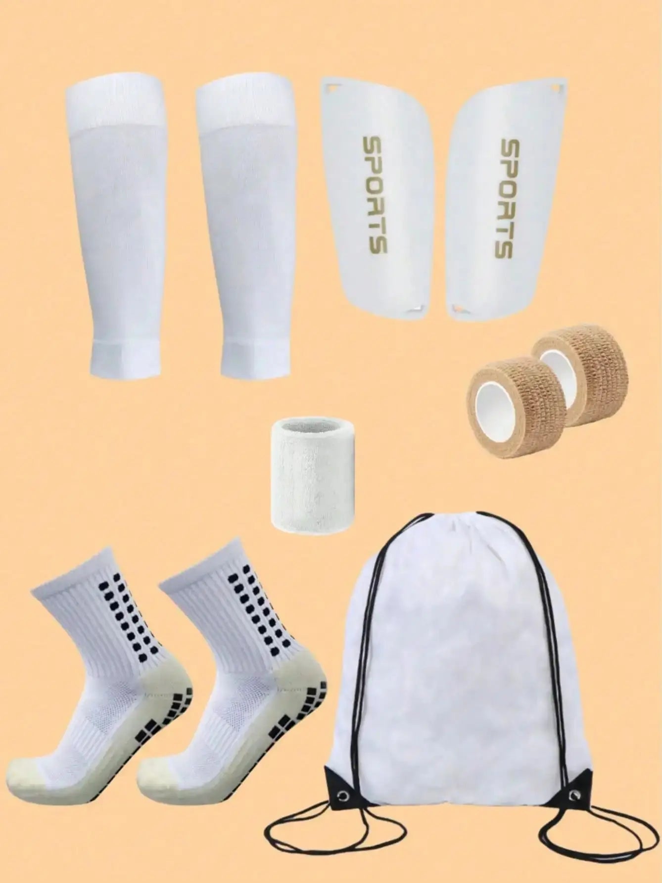 6-Piece Soccer Gear Set - Includes Grip Socks, Shin Guards, Protective Gear & Drawstring Bag with Fastening Straps & Sports Tape