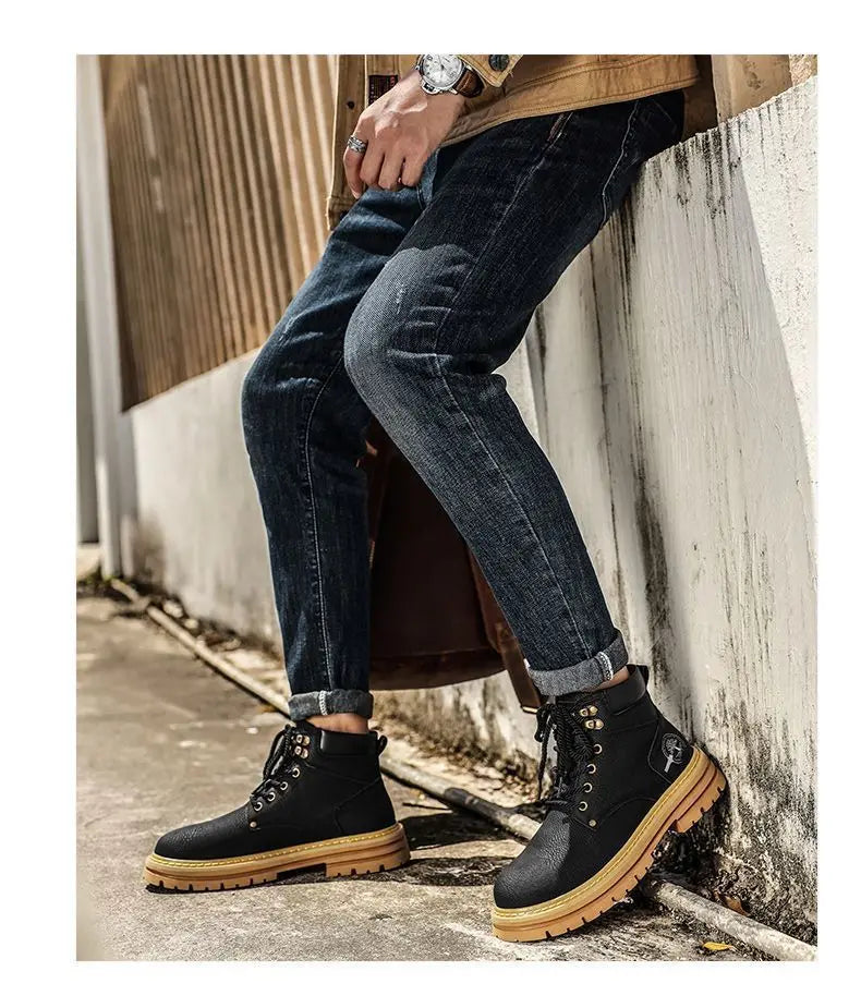 Fashion Men Boots Spring Comfortable Platform Leather Shoes Men Trend Brown Non-slip Work Boots for Men Casual Shoe Cowboy Boots