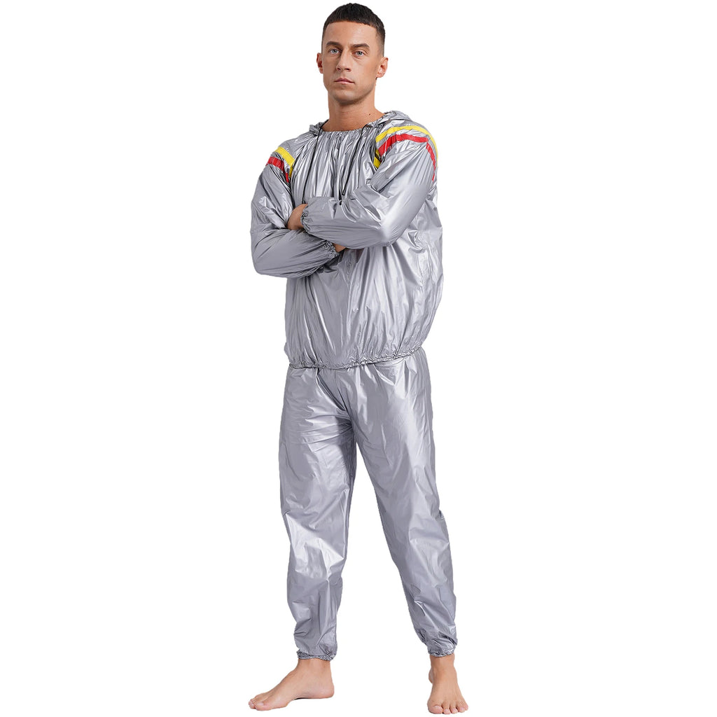 Mens Sports Outfits Sauna Sweat Sets Long Sleeve Hooded Jacket Outerwear and Long Pants PVC Sweating Suit for Gym Workout Yoga