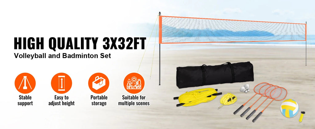 SucceBuy Outdoor Volleyball & Badminton Set Adjustable Steel Poles Professional Combo Set with Carrying Bag for Backyard Beach