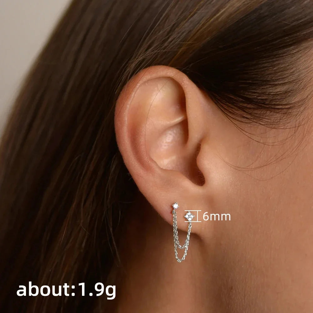 New Arrival Double Ear Studs Tassel Chains Hanging Earrings for Women Ear Piercing 3 Metal Color Luxury CZ Hot Jewelry
