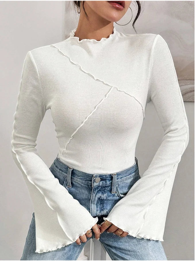 Long Sleeve T-shirts Women Round Neck Line Irregular Hem Knitted Flared Sleeves Autumn Bottoming Tee Chic Fashion Sexy Solid New