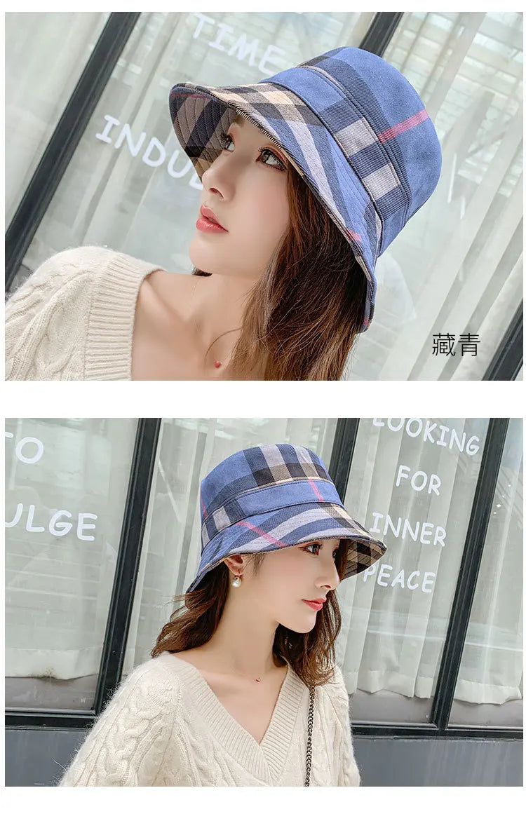 2025 New Fisherman Hats for Women Casual Shade Sun Hat Checked Suede Fabric Basin Hat Casual Folding Warm Hats Bucket Hat Women