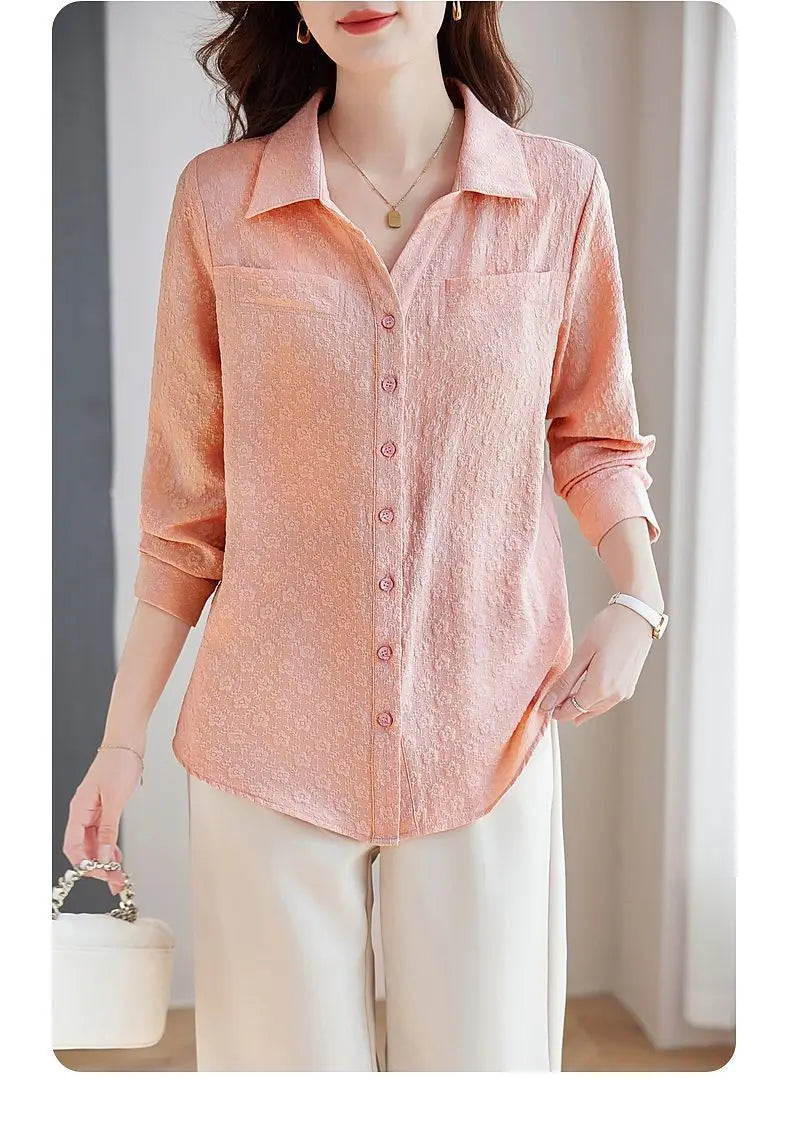 Long-sleeved Shirt for Women Autumn New Fashion Casual Versatile Jacket Fashionable Jacquard Lapel Belly-reducing Top Trendy